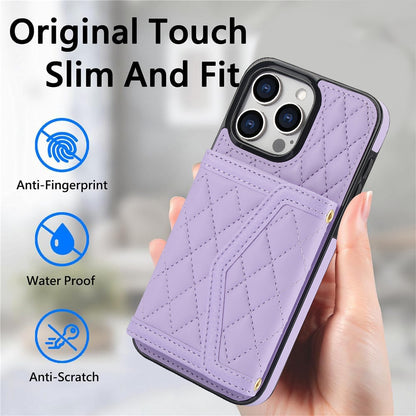 ELECTROPRIME For iPhone 15 Splicing Rhombic Texture Card Bag Phone Case with Long Lanyard(Purple)