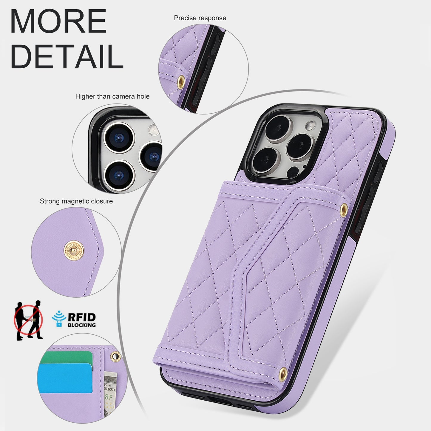 ELECTROPRIME For iPhone 15 Splicing Rhombic Texture Card Bag Phone Case with Long Lanyard(Purple)
