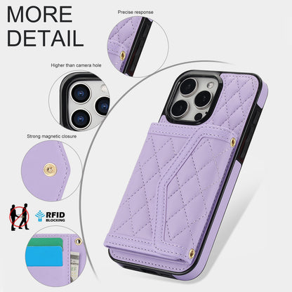 ELECTROPRIME For iPhone 15 Splicing Rhombic Texture Card Bag Phone Case with Long Lanyard(Purple)