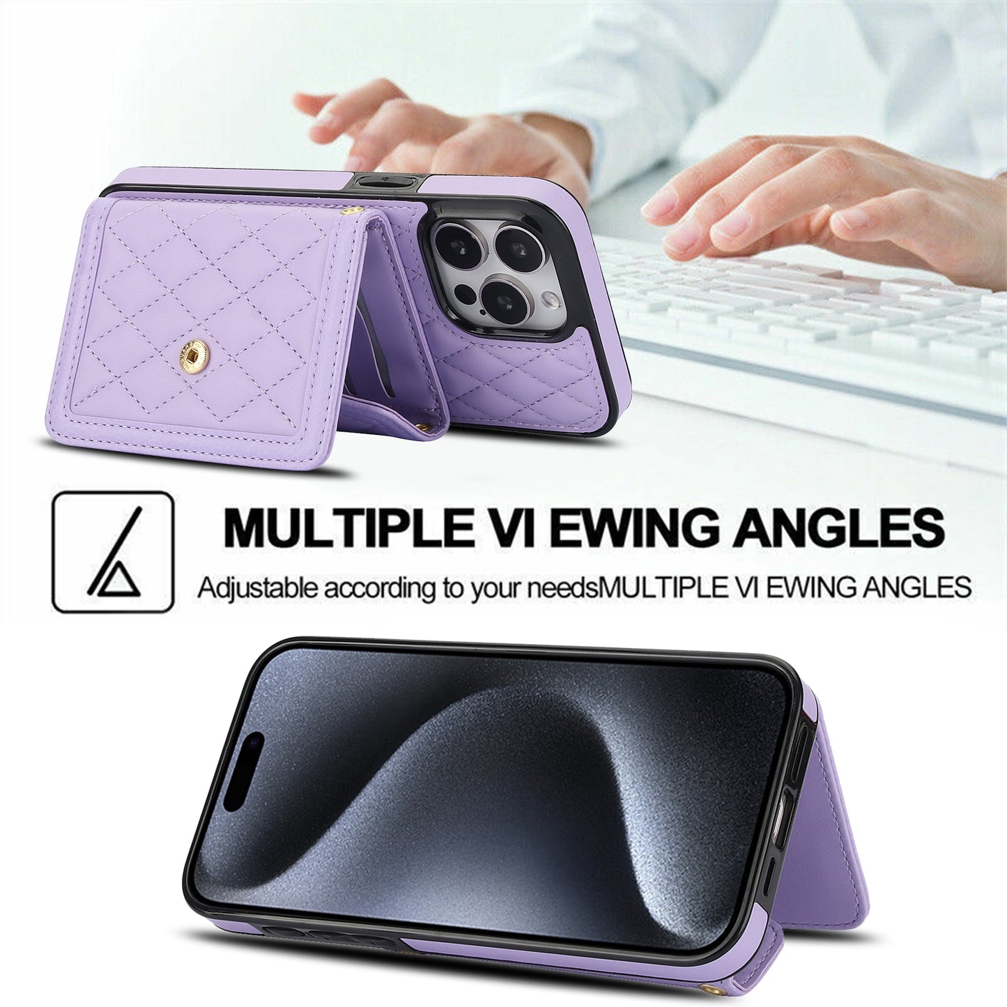 ELECTROPRIME For iPhone 15 Splicing Rhombic Texture Card Bag Phone Case with Long Lanyard(Purple)