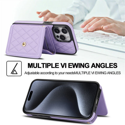 ELECTROPRIME For iPhone 15 Splicing Rhombic Texture Card Bag Phone Case with Long Lanyard(Purple)