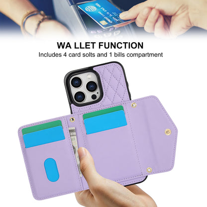 ELECTROPRIME For iPhone 15 Splicing Rhombic Texture Card Bag Phone Case with Long Lanyard(Purple)