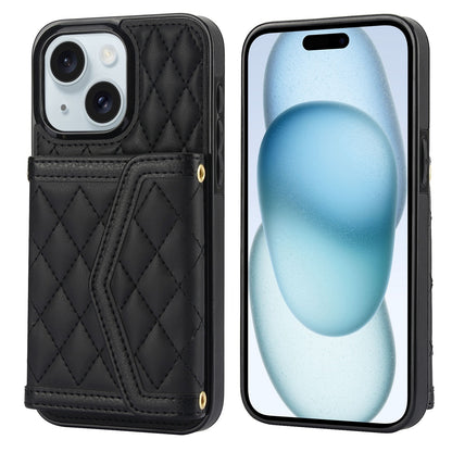 ELECTROPRIME For iPhone 15 Splicing Rhombic Texture Card Bag Phone Case with Long Lanyard(Black)