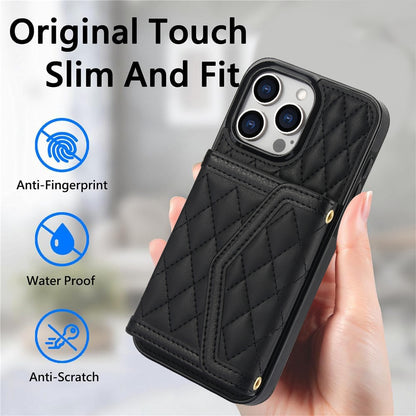 ELECTROPRIME For iPhone 15 Splicing Rhombic Texture Card Bag Phone Case with Long Lanyard(Black)