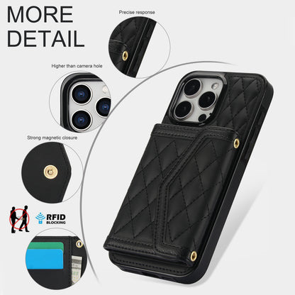 ELECTROPRIME For iPhone 15 Splicing Rhombic Texture Card Bag Phone Case with Long Lanyard(Black)