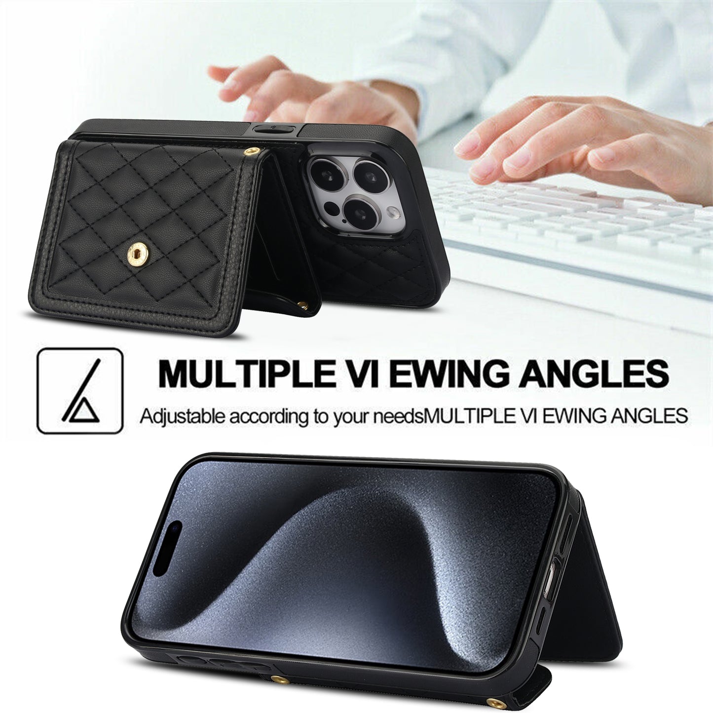 ELECTROPRIME For iPhone 15 Splicing Rhombic Texture Card Bag Phone Case with Long Lanyard(Black)