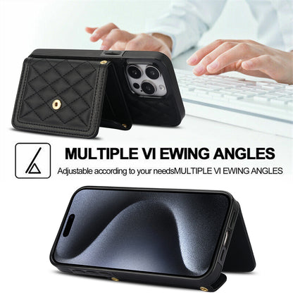 ELECTROPRIME For iPhone 15 Splicing Rhombic Texture Card Bag Phone Case with Long Lanyard(Black)