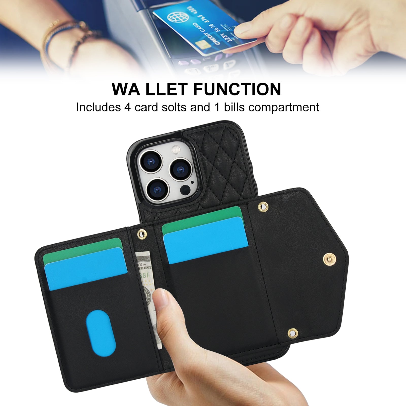 ELECTROPRIME For iPhone 15 Splicing Rhombic Texture Card Bag Phone Case with Long Lanyard(Black)
