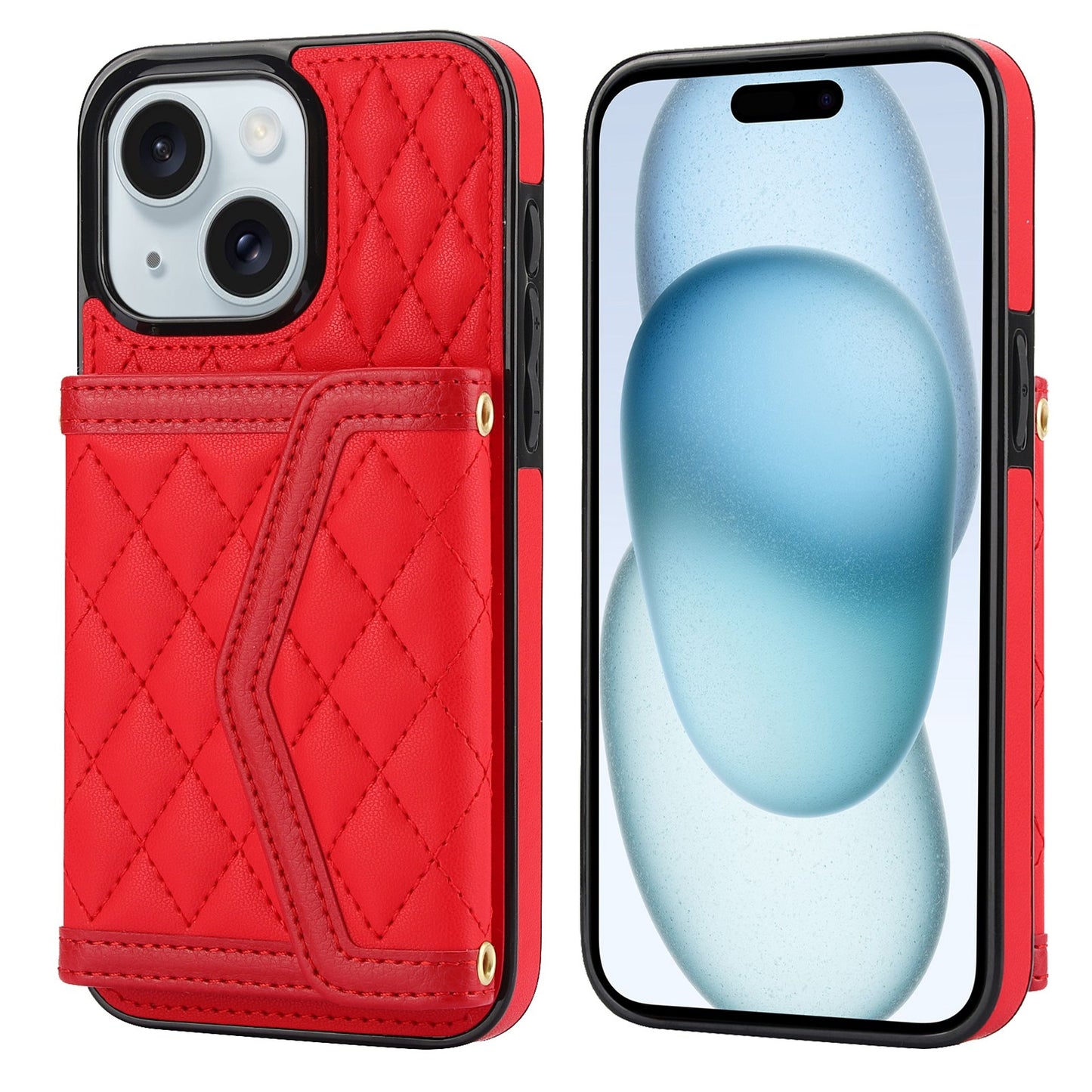 ELECTROPRIME For iPhone 15 Splicing Rhombic Texture Card Bag Phone Case with Long Lanyard(Red)