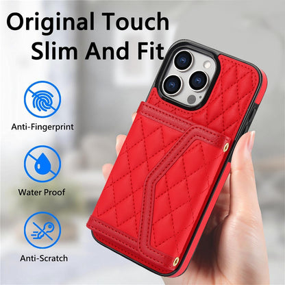 ELECTROPRIME For iPhone 15 Splicing Rhombic Texture Card Bag Phone Case with Long Lanyard(Red)