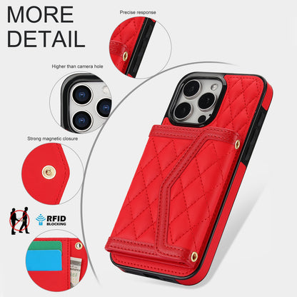 ELECTROPRIME For iPhone 15 Splicing Rhombic Texture Card Bag Phone Case with Long Lanyard(Red)