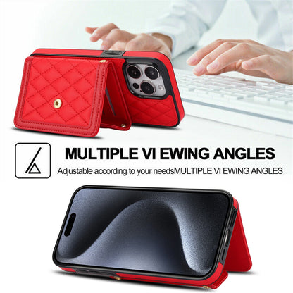 ELECTROPRIME For iPhone 15 Splicing Rhombic Texture Card Bag Phone Case with Long Lanyard(Red)