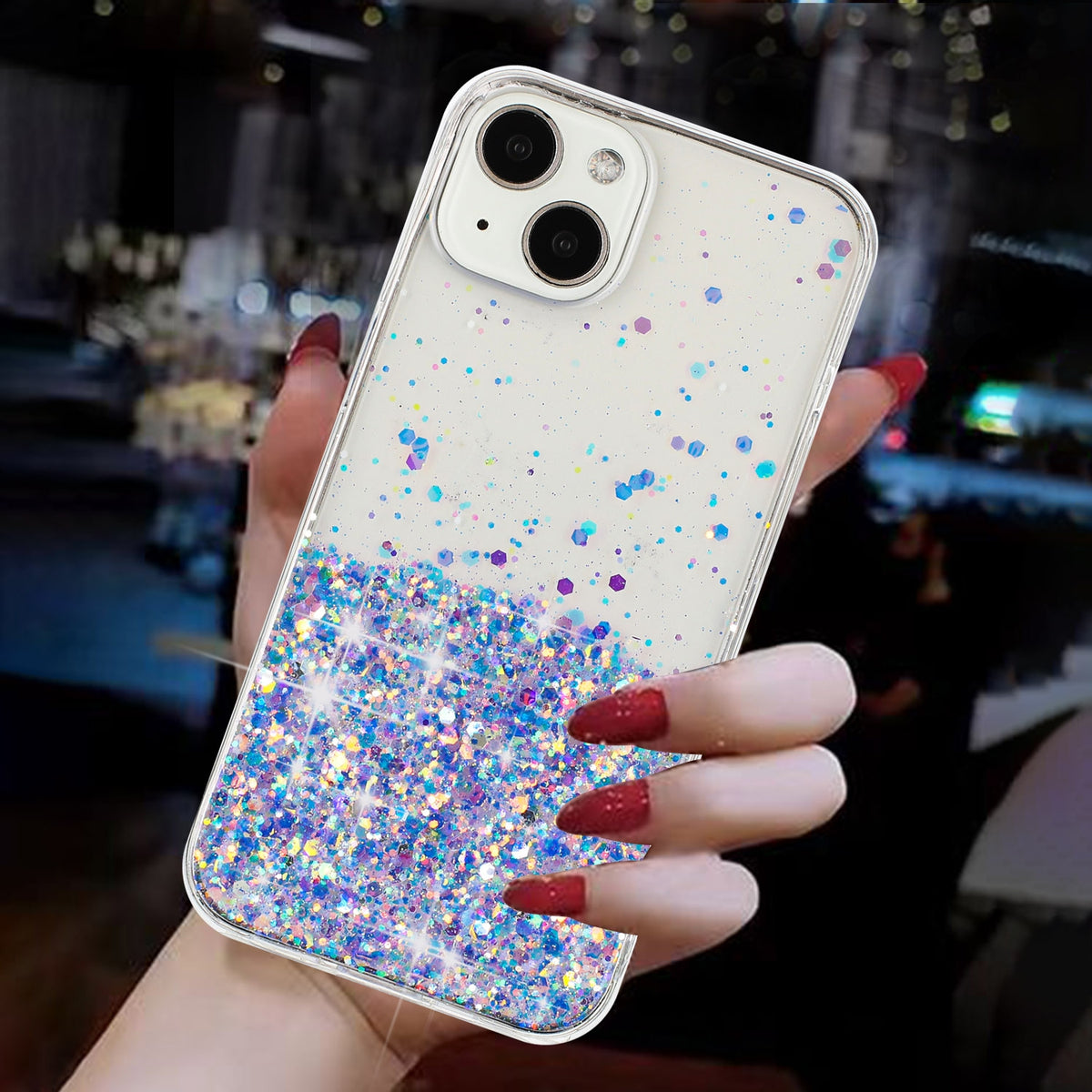 ELECTROPRIME For iPhone 15 Plus Transparent Frame Noctilucent Glitter Powder TPU Phone Case(Purple)