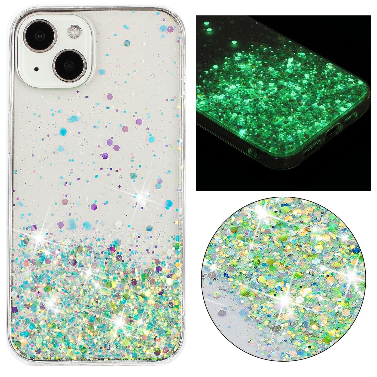 ELECTROPRIME For iPhone 15 Transparent Frame Noctilucent Glitter Powder TPU Phone Case(Green)