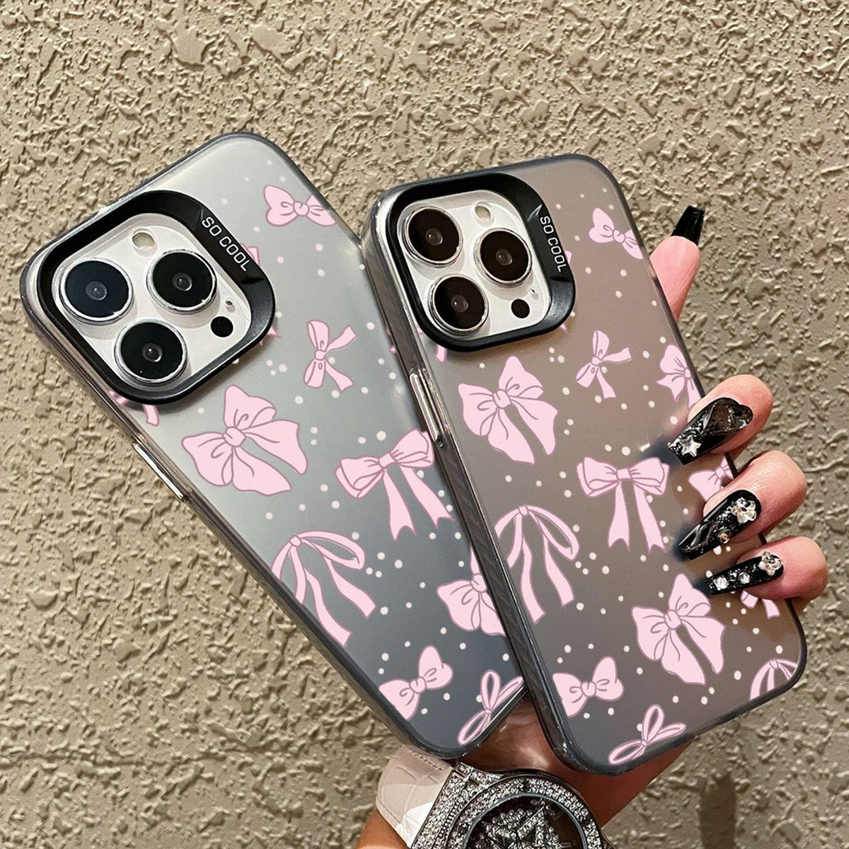 ELECTROPRIME For iPhone 15 Silver Painting PC Hybrid TPU Phone Case(Bow Black)