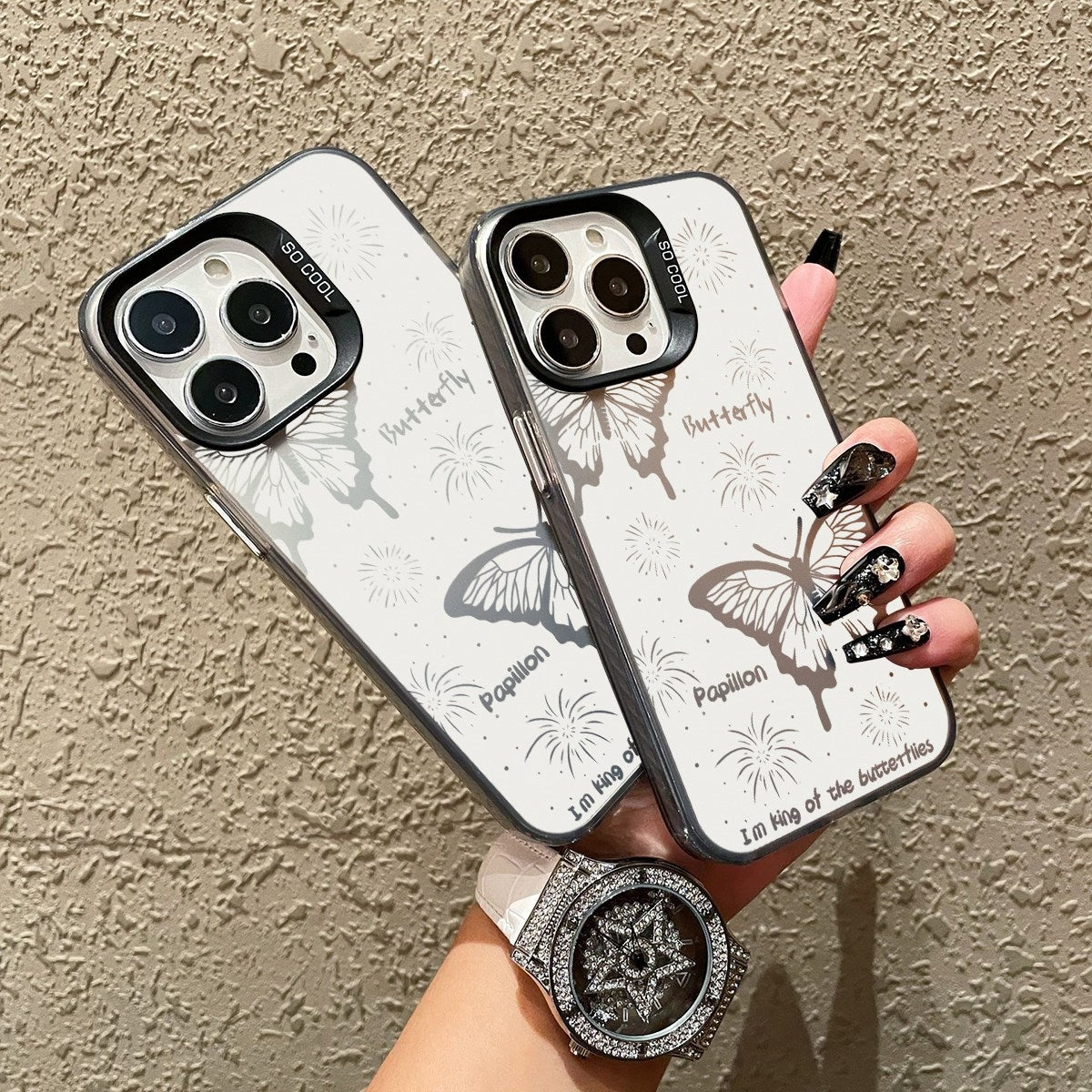 ELECTROPRIME For iPhone 15 Silver Painting PC Hybrid TPU Phone Case(Hollow Butterfly Black)