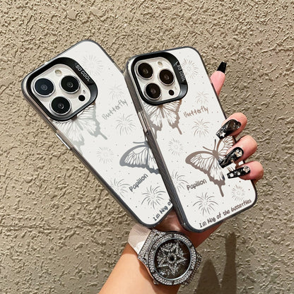 ELECTROPRIME For iPhone 15 Silver Painting PC Hybrid TPU Phone Case(Hollow Butterfly Black)