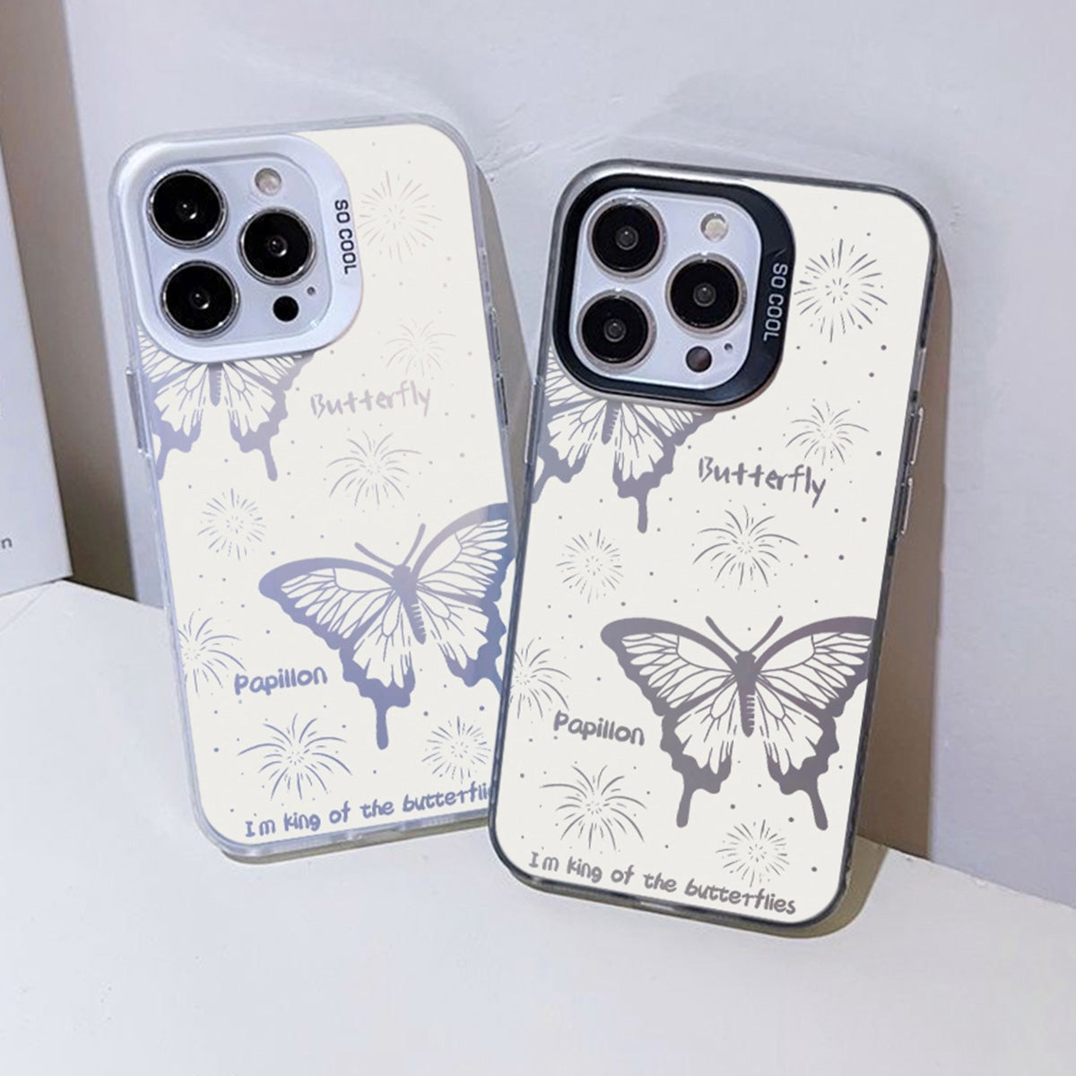 ELECTROPRIME For iPhone 15 Silver Painting PC Hybrid TPU Phone Case(Hollow Butterfly White)