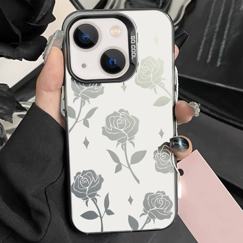ELECTROPRIME For iPhone 15 Silver Painting PC Hybrid TPU Phone Case(Hollow Rose Black)