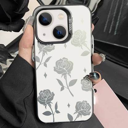 ELECTROPRIME For iPhone 15 Silver Painting PC Hybrid TPU Phone Case(Hollow Rose Black)