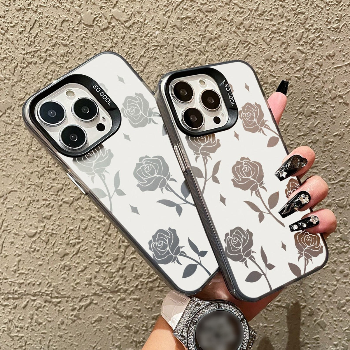 ELECTROPRIME For iPhone 15 Silver Painting PC Hybrid TPU Phone Case(Hollow Rose Black)