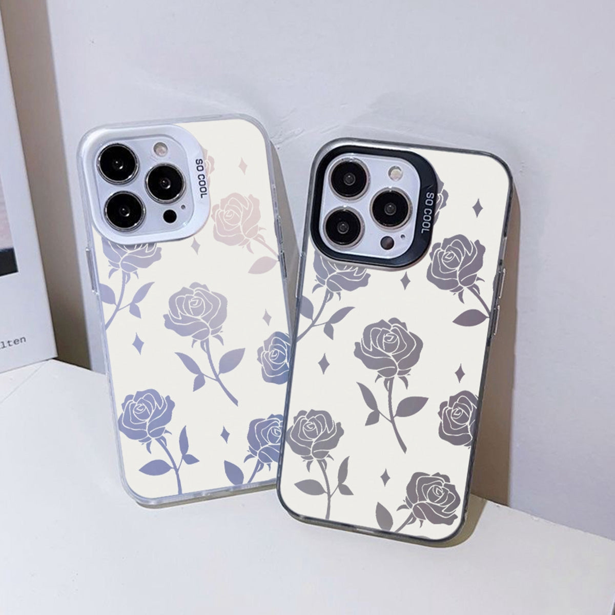 ELECTROPRIME For iPhone 15 Silver Painting PC Hybrid TPU Phone Case(Hollow Rose Black)