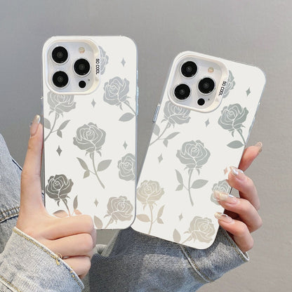 ELECTROPRIME For iPhone 15 Silver Painting PC Hybrid TPU Phone Case(Hollow Rose White)