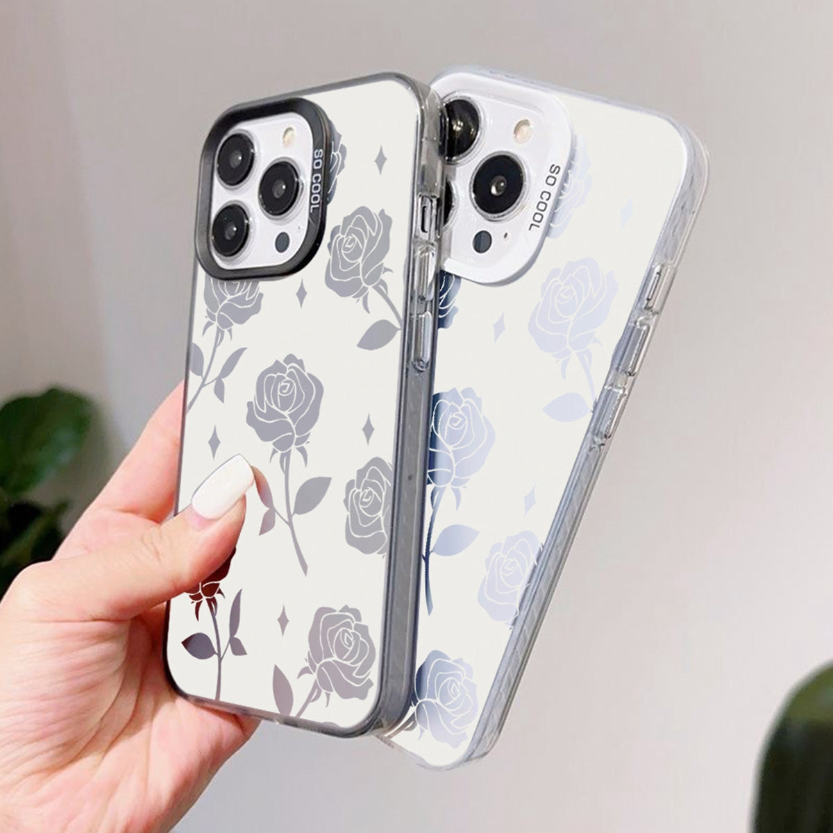 ELECTROPRIME For iPhone 15 Silver Painting PC Hybrid TPU Phone Case(Hollow Rose White)