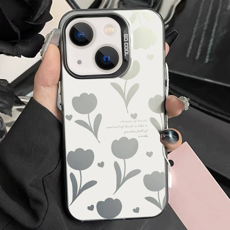 ELECTROPRIME For iPhone 15 Silver Painting PC Hybrid TPU Phone Case(Hollow Tulips Black)