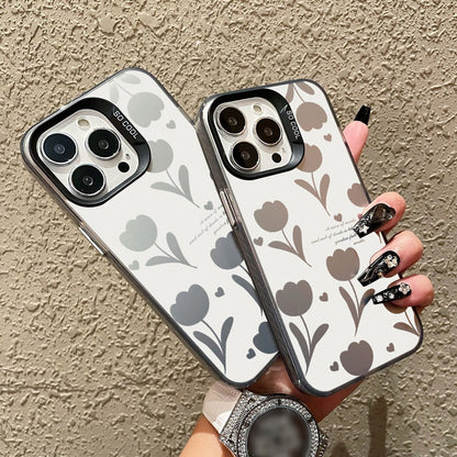 ELECTROPRIME For iPhone 15 Silver Painting PC Hybrid TPU Phone Case(Hollow Tulips Black)