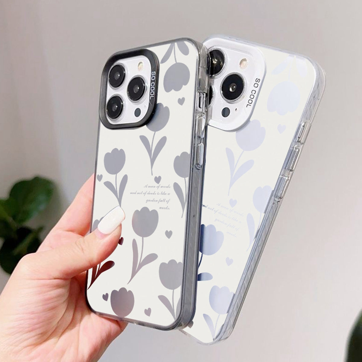 ELECTROPRIME For iPhone 15 Silver Painting PC Hybrid TPU Phone Case(Hollow Tulips Black)