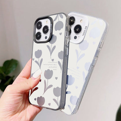 ELECTROPRIME For iPhone 15 Silver Painting PC Hybrid TPU Phone Case(Hollow Tulips Black)