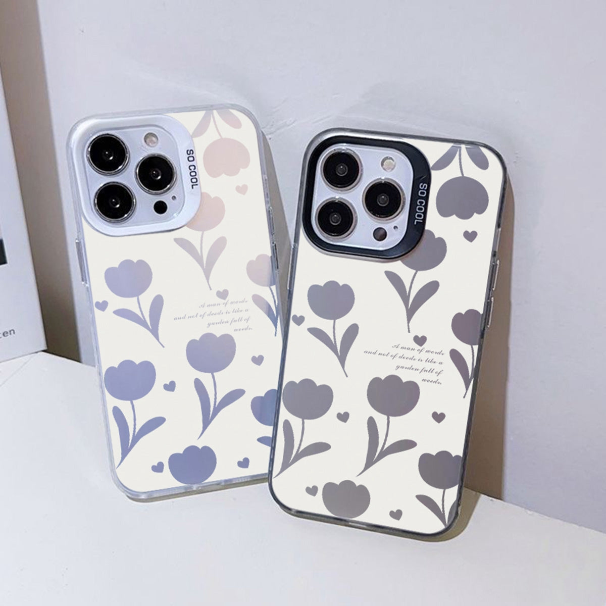 ELECTROPRIME For iPhone 15 Silver Painting PC Hybrid TPU Phone Case(Hollow Tulips Black)