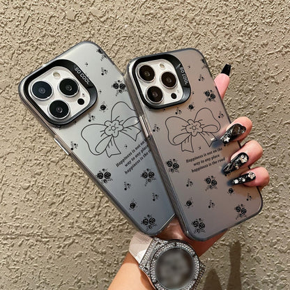 ELECTROPRIME For iPhone 15 Silver Painting PC Hybrid TPU Phone Case(Floral Bow Black)