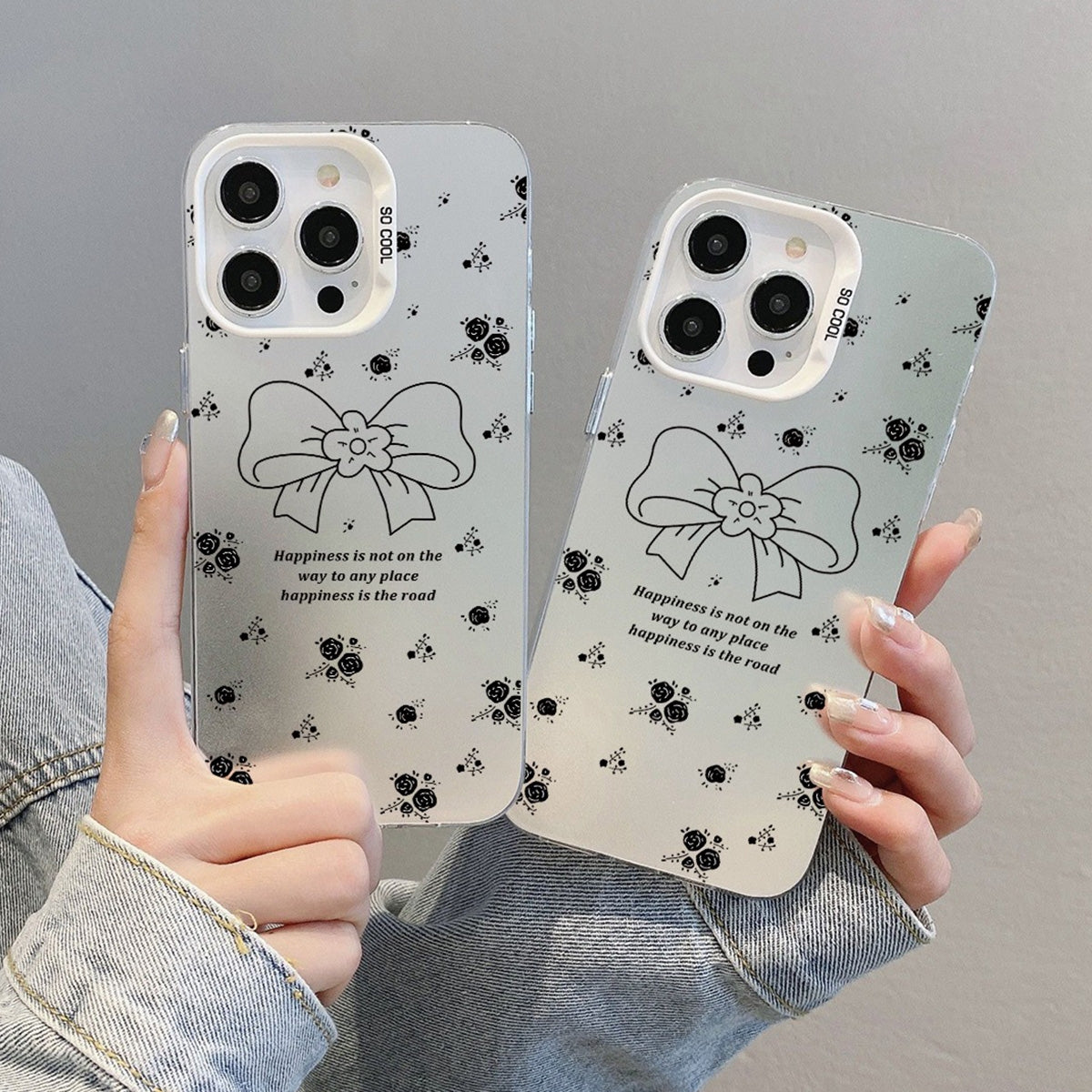 ELECTROPRIME For iPhone 15 Silver Painting PC Hybrid TPU Phone Case(Floral Bow White)