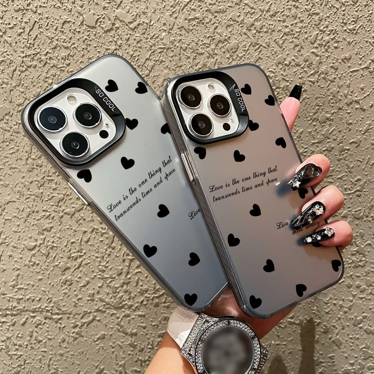 ELECTROPRIME For iPhone 15 Silver Painting PC Hybrid TPU Phone Case(Love Hearts Black)