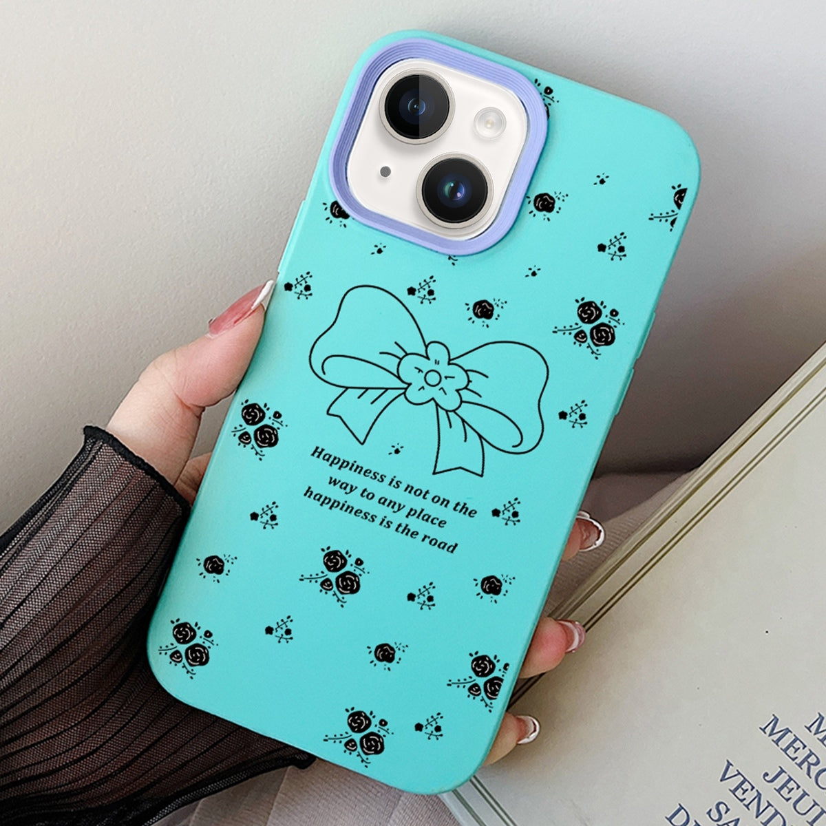 ELECTROPRIME For iPhone 15 Plus Floral Bow PC Hybrid TPU Phone Case(Sky Cyan)