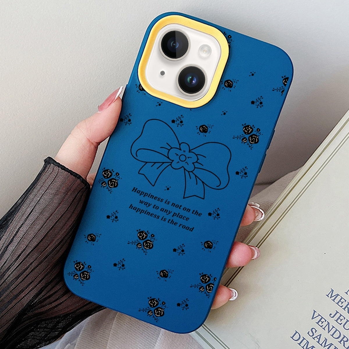ELECTROPRIME For iPhone 15 Floral Bow PC Hybrid TPU Phone Case(Royal Blue)