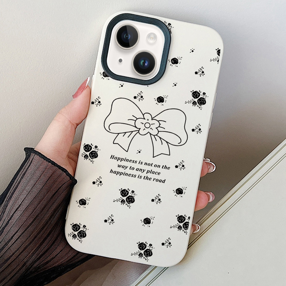 ELECTROPRIME For iPhone 15 Floral Bow PC Hybrid TPU Phone Case(White)