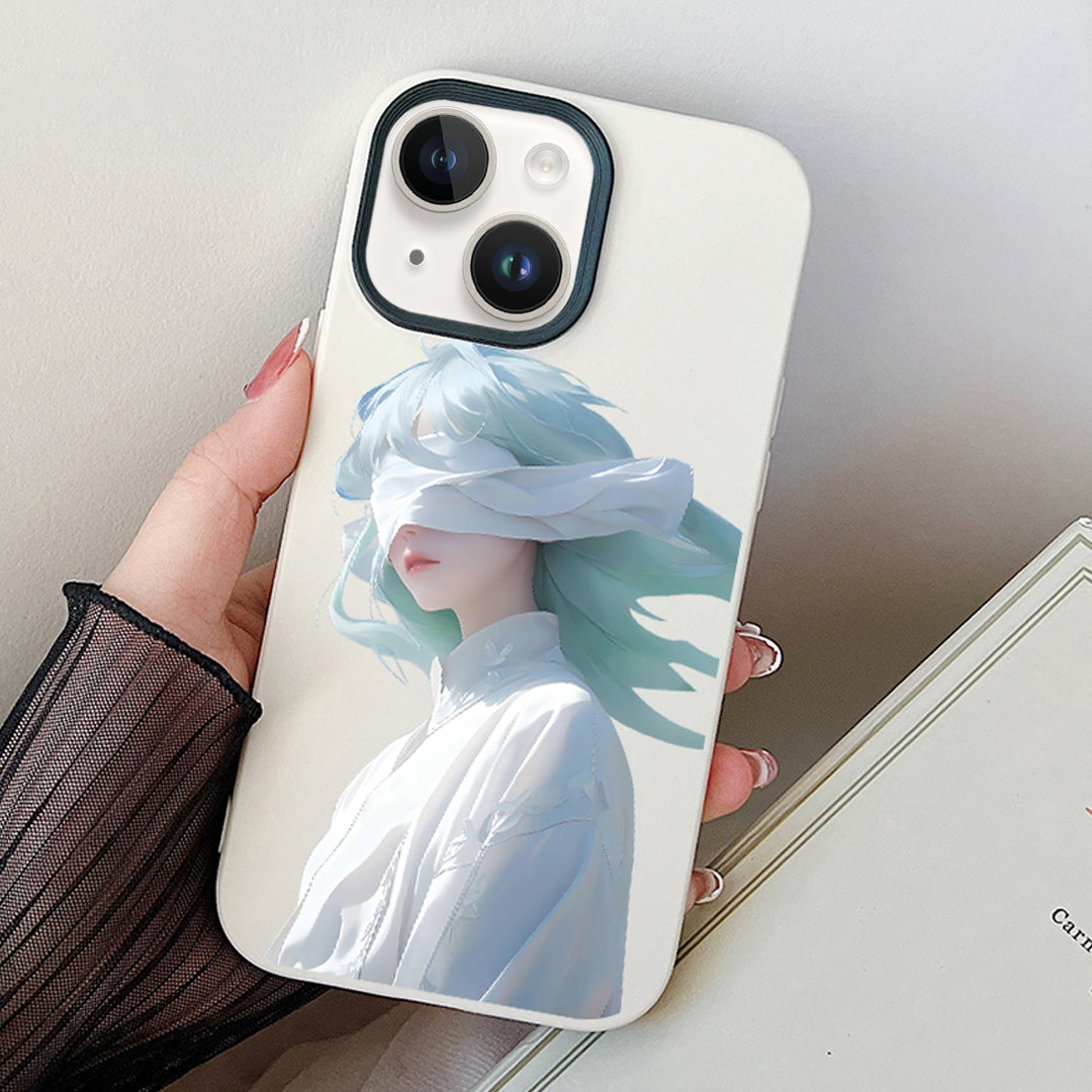 ELECTROPRIME For iPhone 15 Blindfold Girl PC Hybrid TPU Phone Case(White)
