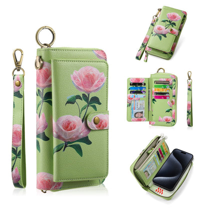 ELECTROPRIME For iPhone 15 Plus POLA MagSafe Flower Multi-functional Zipper Wallet Leather Phone Case(Green)