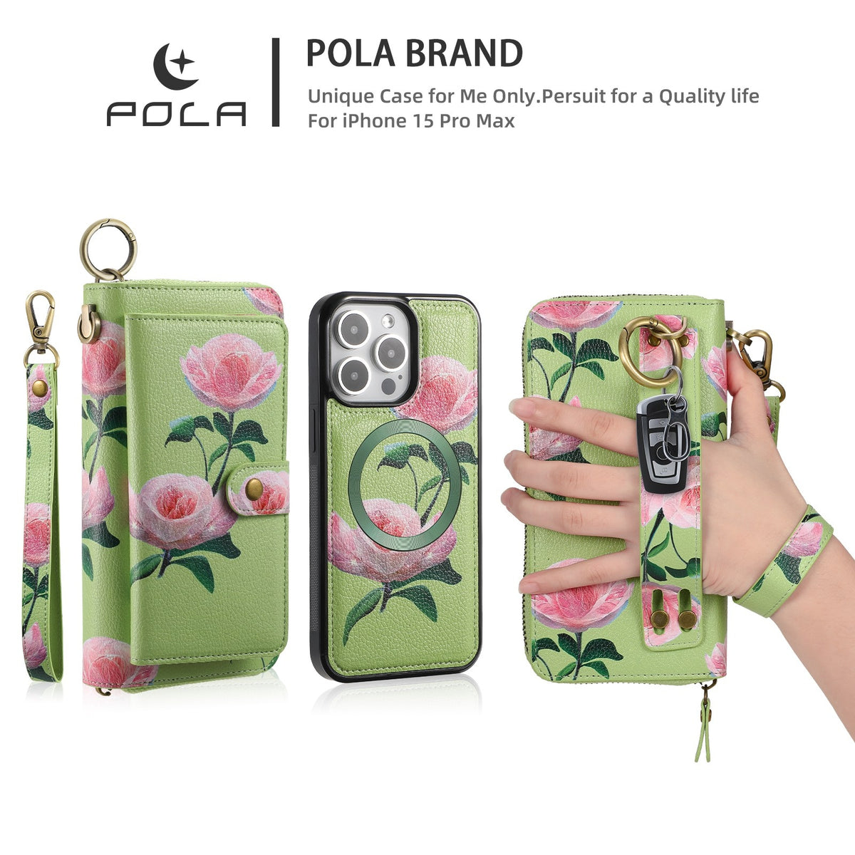 ELECTROPRIME For iPhone 15 Plus POLA MagSafe Flower Multi-functional Zipper Wallet Leather Phone Case(Green)