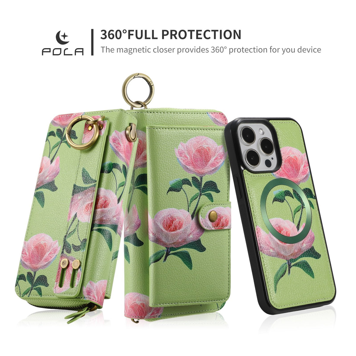 ELECTROPRIME For iPhone 15 Plus POLA MagSafe Flower Multi-functional Zipper Wallet Leather Phone Case(Green)