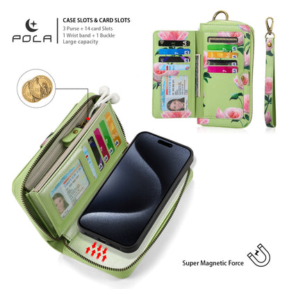 ELECTROPRIME For iPhone 15 Plus POLA MagSafe Flower Multi-functional Zipper Wallet Leather Phone Case(Green)
