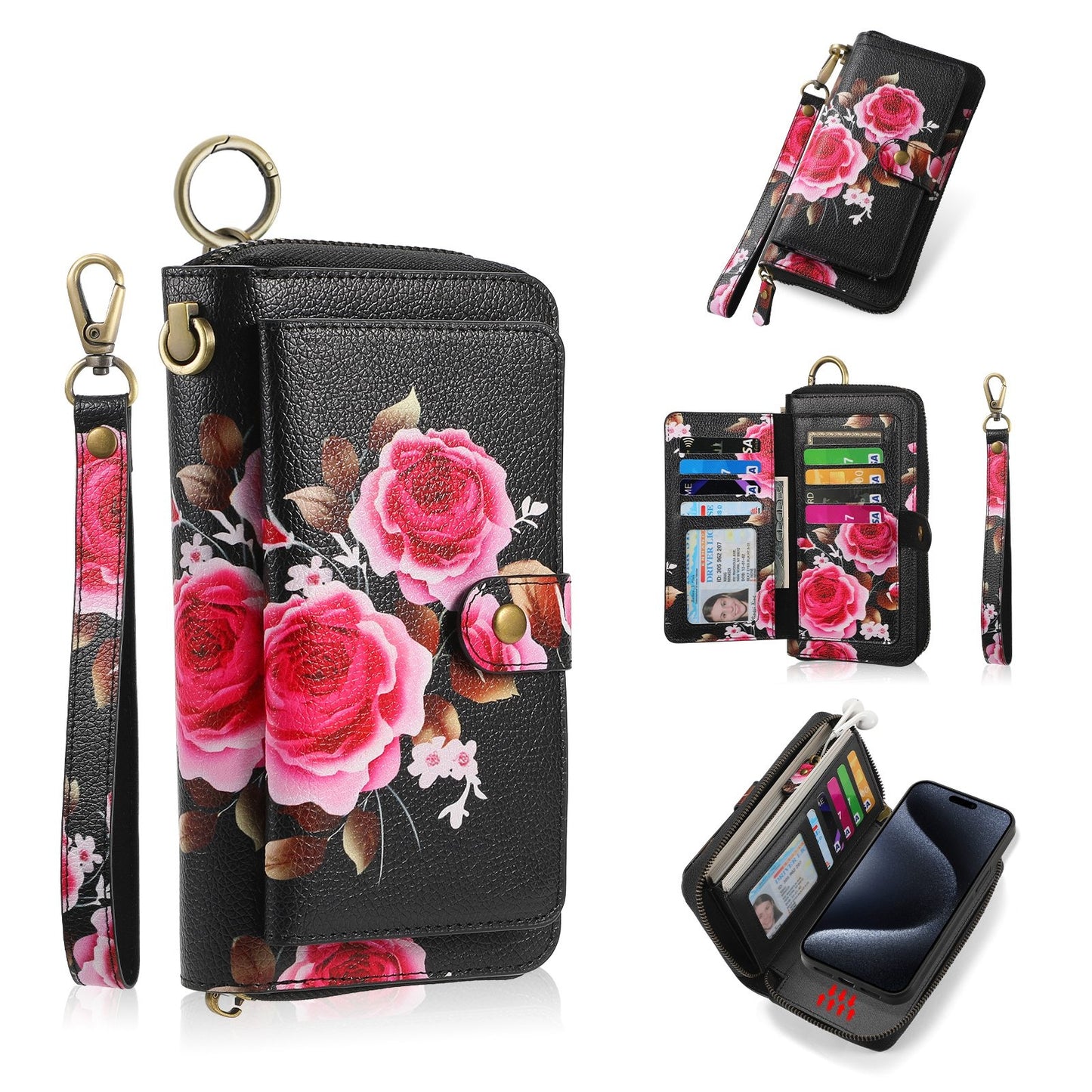 ELECTROPRIME For iPhone 15 POLA MagSafe Flower Multi-functional Zipper Wallet Leather Phone Case(Black)
