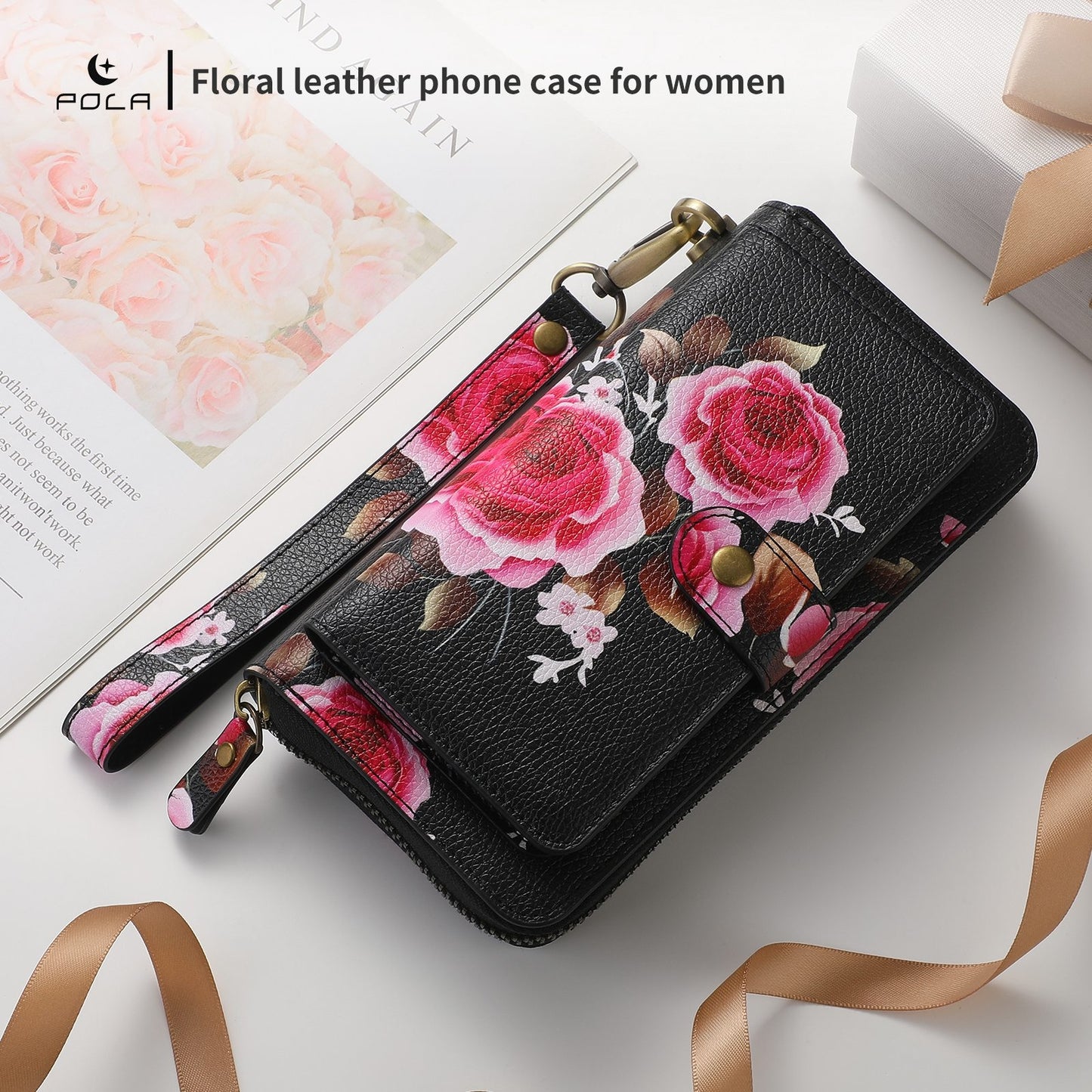ELECTROPRIME For iPhone 15 POLA MagSafe Flower Multi-functional Zipper Wallet Leather Phone Case(Black)