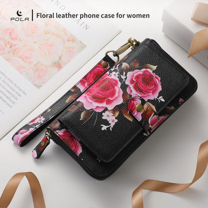 ELECTROPRIME For iPhone 15 POLA MagSafe Flower Multi-functional Zipper Wallet Leather Phone Case(Black)