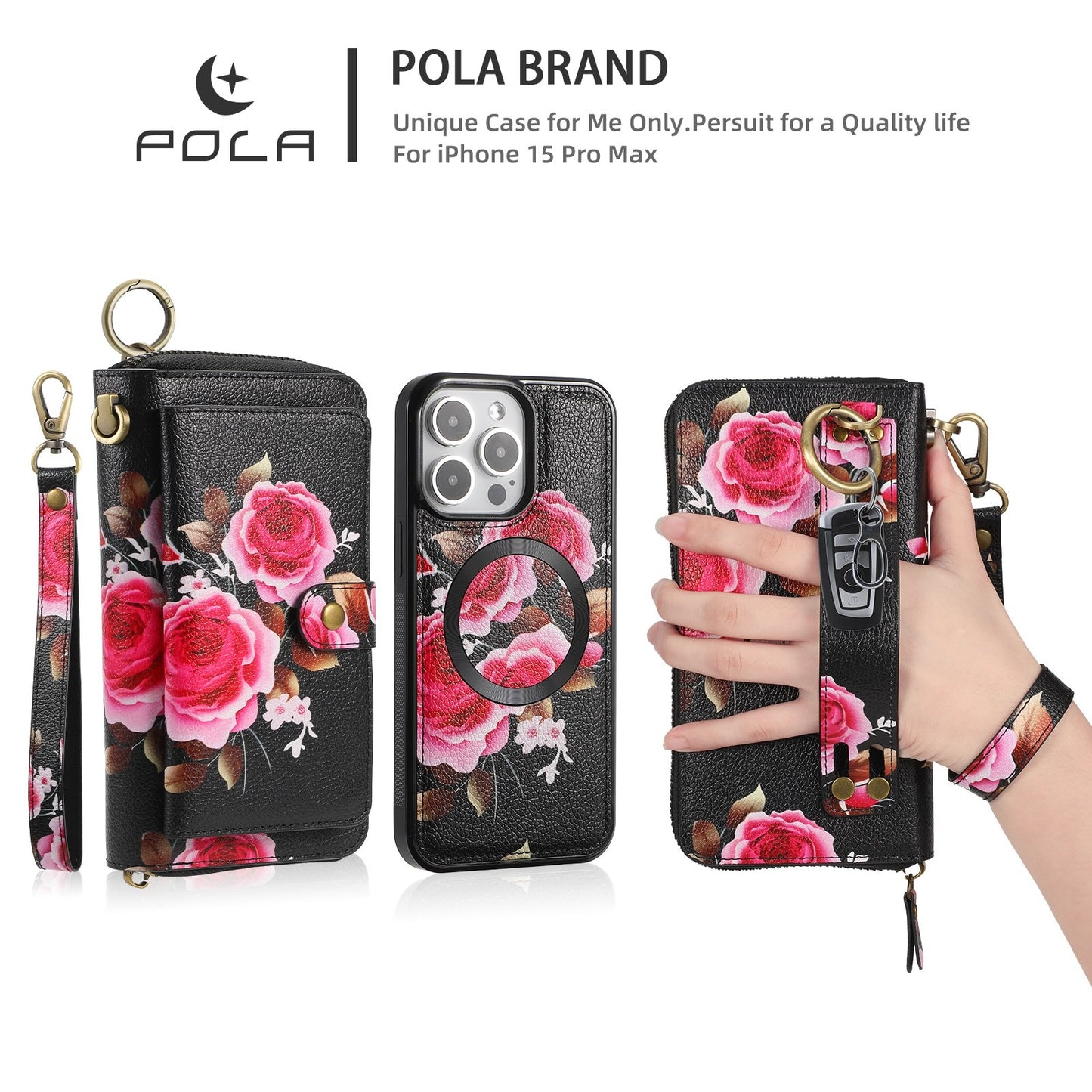 ELECTROPRIME For iPhone 15 POLA MagSafe Flower Multi-functional Zipper Wallet Leather Phone Case(Black)