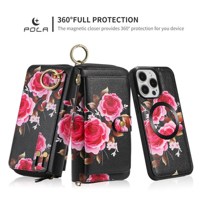 ELECTROPRIME For iPhone 15 POLA MagSafe Flower Multi-functional Zipper Wallet Leather Phone Case(Black)