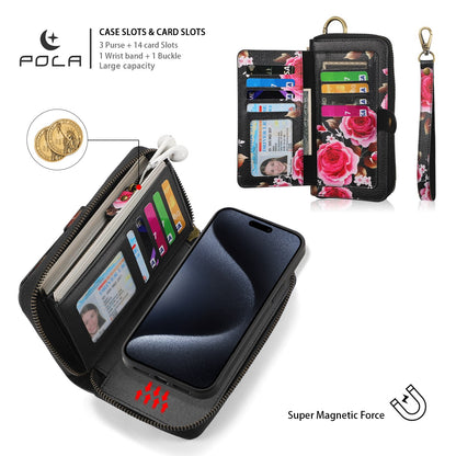 ELECTROPRIME For iPhone 15 POLA MagSafe Flower Multi-functional Zipper Wallet Leather Phone Case(Black)